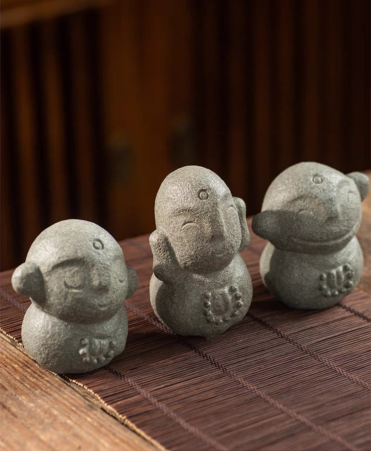 Adorable Little Smiling Buddhist Monks Natural Stone Statuette