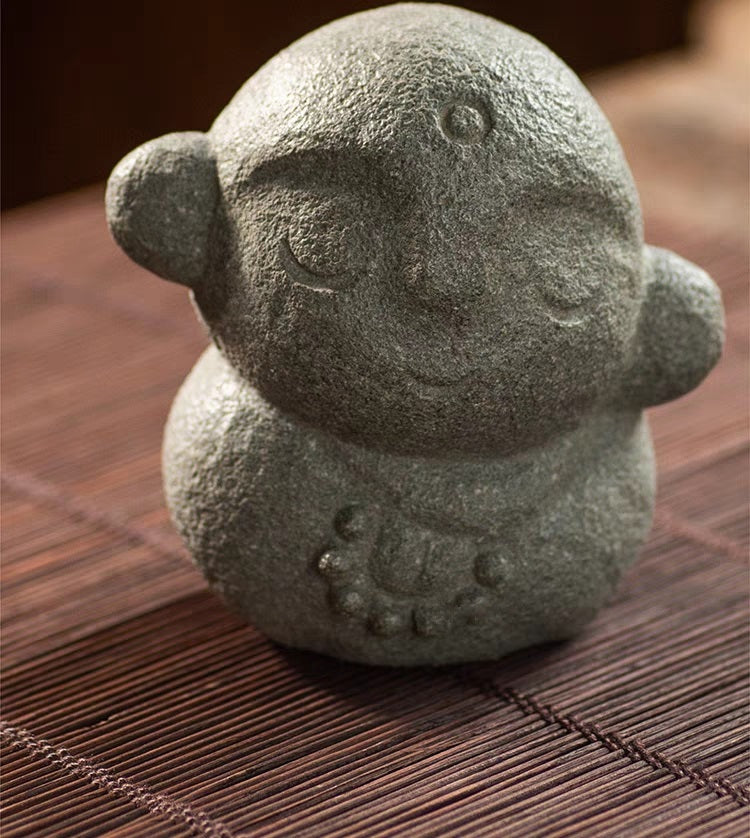 Adorable Little Smiling Buddhist Monks Natural Stone Statuette