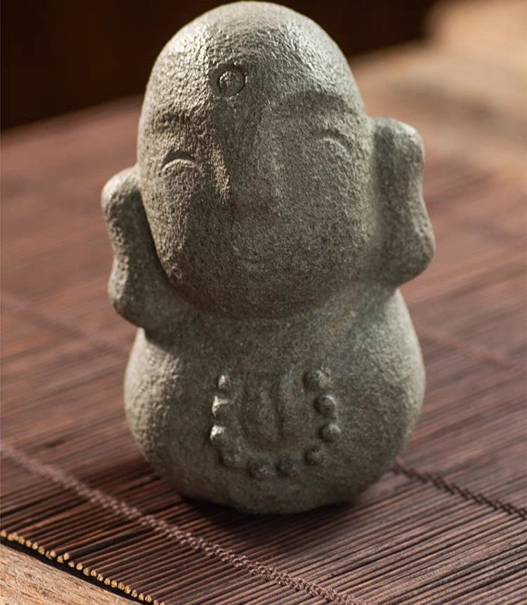 Adorable Little Smiling Buddhist Monks Natural Stone Statuette