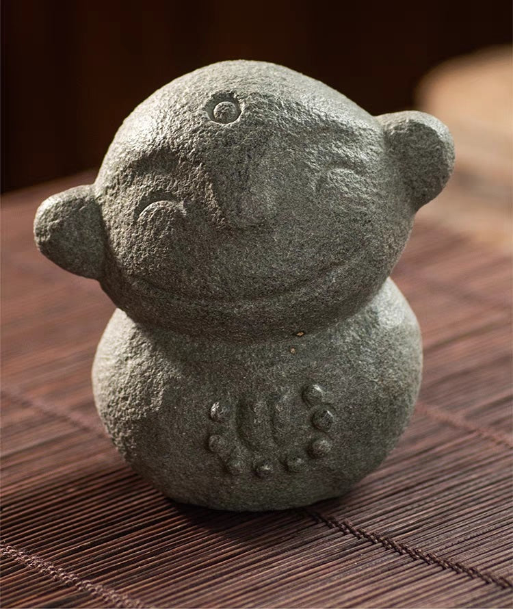 Adorable Little Smiling Buddhist Monks Natural Stone Statuette