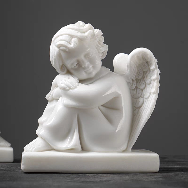 White Marble Angel Praying on Its Knee Statue