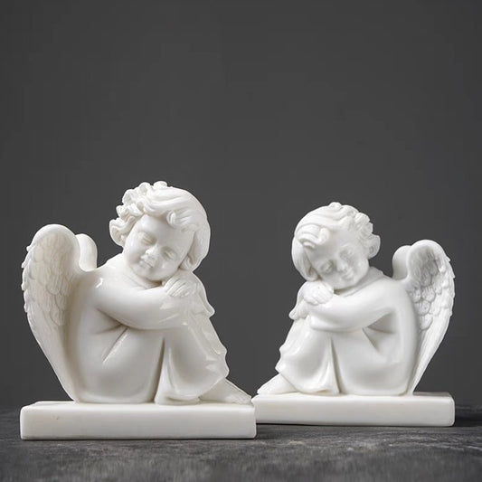 White Marble Angel Praying on Its Knee Statue