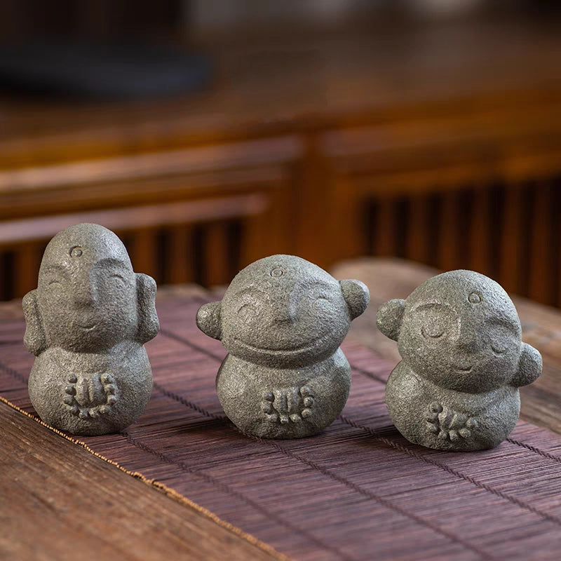 Adorable Little Smiling Buddhist Monks Natural Stone Statuette