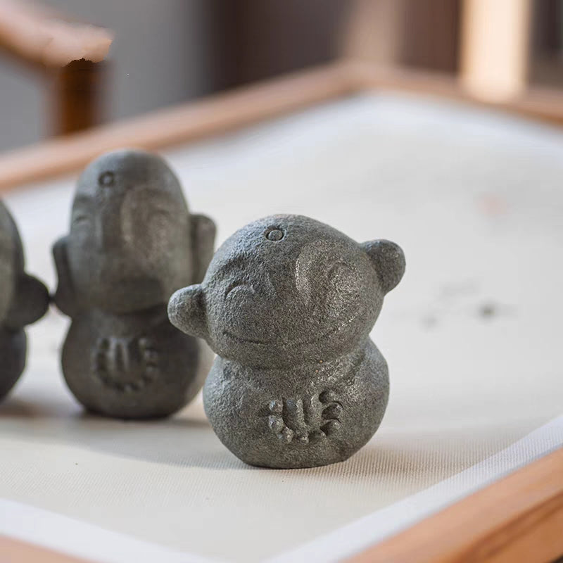 Adorable Little Smiling Buddhist Monks Natural Stone Statuette