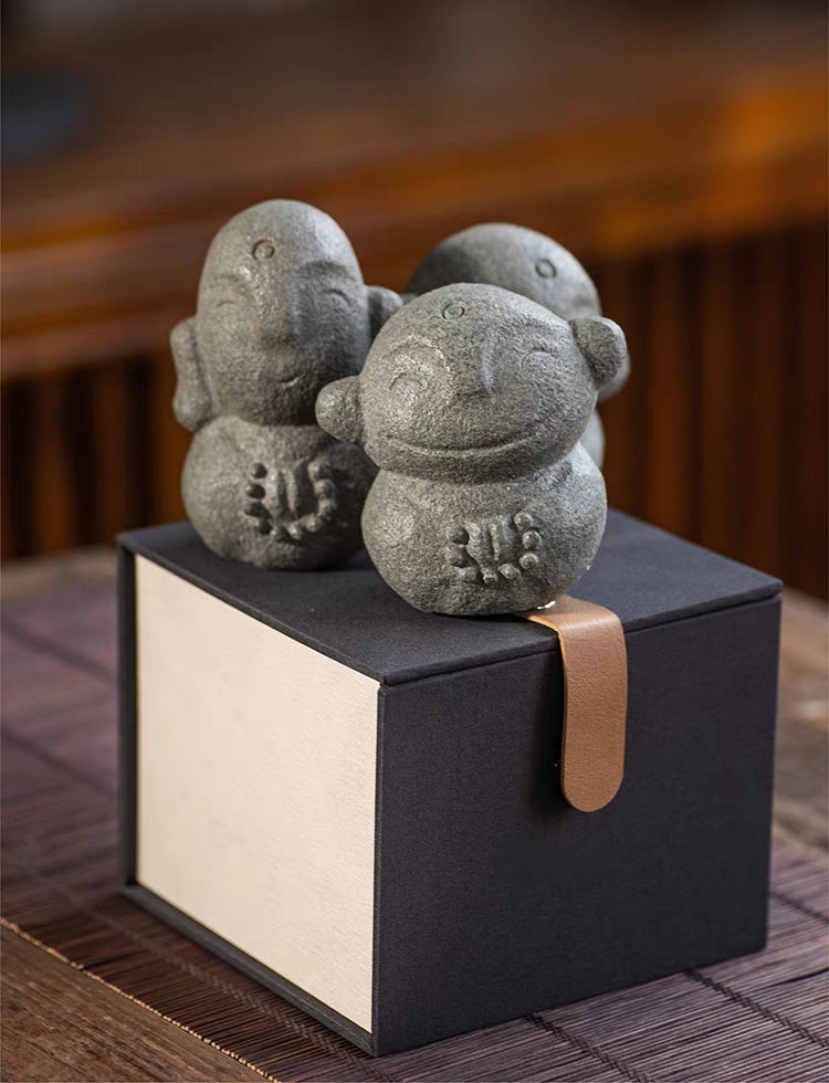 Adorable Little Smiling Buddhist Monks Natural Stone Statuette